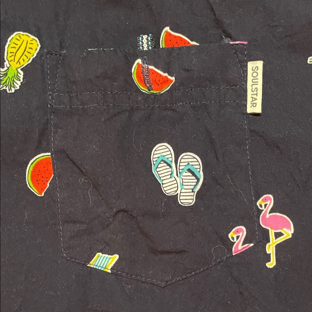SOULSTAR Navy Flamingo Pineapple Print Short Sleeve Shirt Holiday Sun Fun - Picture 3 of 7